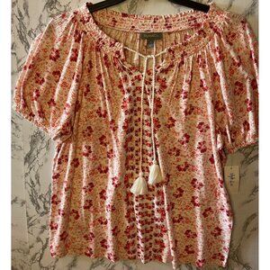 Style & Co Plus Size Floral Peasant Top With Tassel Tie Neck 1X